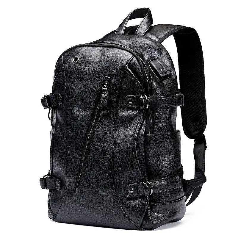 Men PU leather Laptop Big Capacity Backpack Bookbag Business Office Bag With Earphone Hole