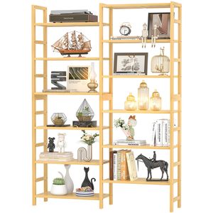 JQ Freestanding Kệ Sách 6-Tier Lớn Mở Tủ Sách Đôi Rộng Tre Kệ Sách Cho Nhà Văn Phòng - Product Image 1