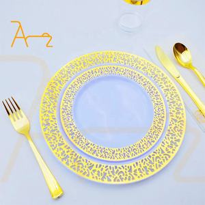 Ensemble de vaisselle en <span class=keywords><strong>plastique</strong></span> de qualité supérieure pour fête, assiettes de mariage fantaisie, élégant <span class=keywords><strong>bleu</strong></span> royal et argent jetables pour dessert salade traiteur - Product Image 2