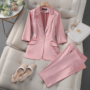 Women's Pink Satin Suit Set With Buttons Anti-Wrinkle Casual Wear For Spring Summer 2025 Professional Look - Product Image 5