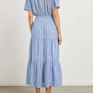 Nouvelle Arrivée Robe Midi Femme en Lin Mélangé de Haute Qualité, Manches Courtes, Décontractée, Froncée, Coupe Ajustée, Formelle - Product Image 3