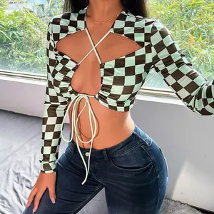 Custom Checked Printing Women Sexy Drawstring Tie Crop Top Shirt