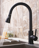 Robinet de cuisine moderne en laiton noir ORB à levier unique, avec douchette extractible et pulvérisateur rotatif à arche haute
