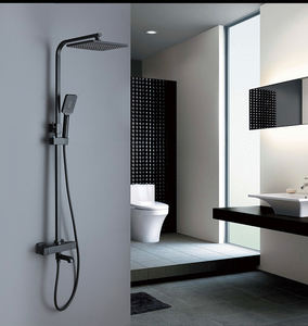 पीतल काले बाथरूम Thermostastic नल स्नान सेट दोहरी संभाल के साथ हाथ बौछार शेल्फ पीतल बाथरूम में शावर मिक्सर नल SF0265 - Product Image 2