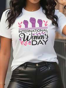 Elegante T-Shirt da Donna con Stampa per la Giornata Internazionale della Donna, Girocollo, Maniche Corte, Stile Casual, 100% Cotone, Vestibilità Regolare - Product Image 3