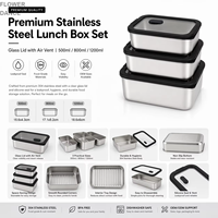 Boîte à lunch bento portable en acier inoxydable 304, anti-fuite, pour enfants, sans BPA, avec couvercle en verre et compartiments en silicone