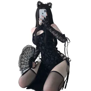 Grosir kualitas tinggi set cosplay erotis gaun hitam seksi Jepang anak sekolah perempuan cheongsam kostum lingerie seksi wanita seksi
