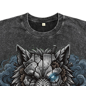Camisetas de algodón transpirables para hombre, estilo streetwear, con lavado ácido negro, estampado DTG de lobo blindado punk personalizado, corte holgado, para venta al por mayor - Product Image 3
