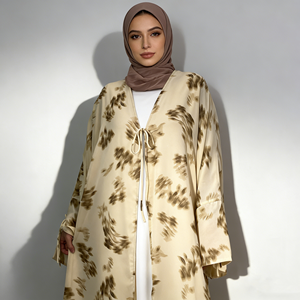 Floral Printed Chiffon Abaya Women Elegant Tie Sleeve Open Front Kimono Modest Dubai Muslim <b>Dress</b> <b>For</b> Wedding Daily Wear (6924) - Product Image 2