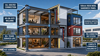 Bâtiment commercial modulaire préfabriqué hybride en conteneurs, exosquelette en acier, design moderne, protection de l'environnement