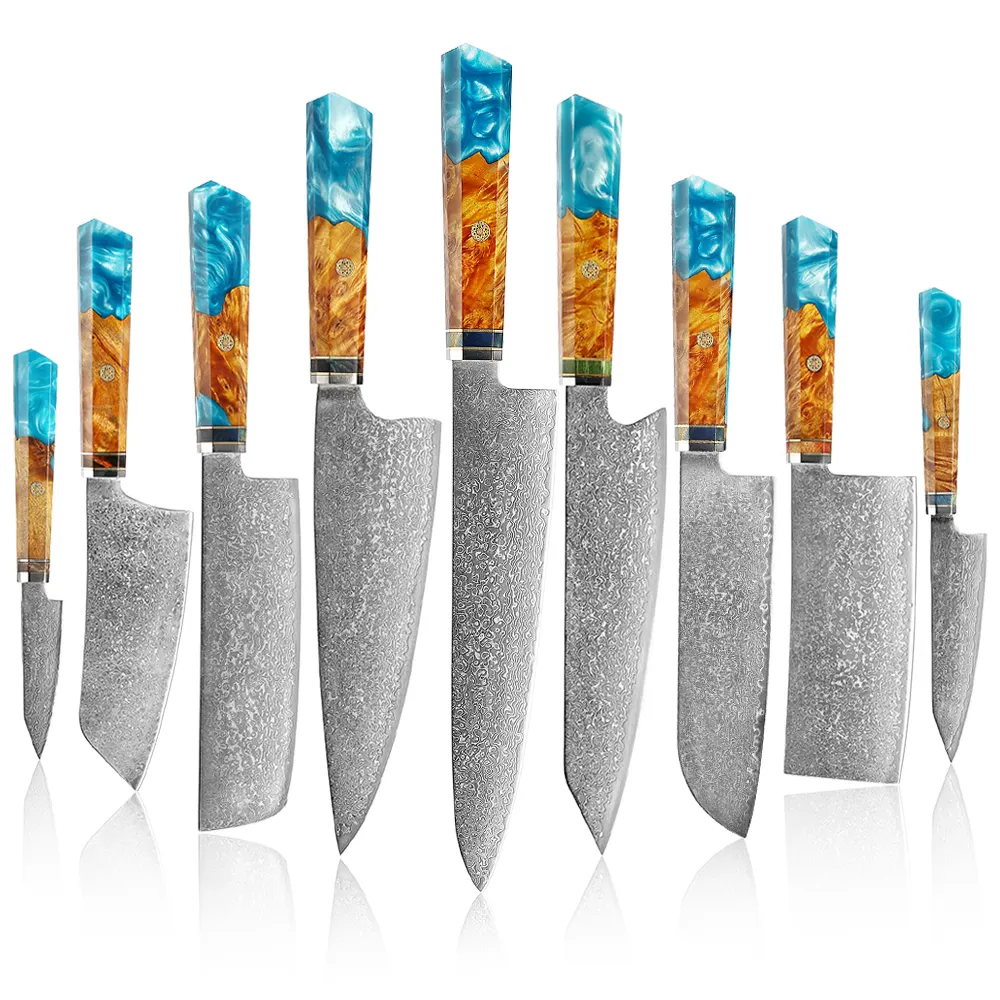 फैक्टरी थोक दमिश्क चाकू सेट रसोई चाकू पेशेवर शेफ Santoku चाकू घर रसोई में खाना पकाने muti-समारोह उपकरण