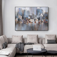 Peinture à l'huile texturée faite à la main Mintura, paysage urbain moderne, décoration murale sur toile, grande œuvre d'art abstraite colorée de paysage marin encadrée