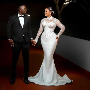 Mumuleo <span class=keywords><strong>Robe</strong></span> de mariée en <span class=keywords><strong>dentelle</strong></span> <span class=keywords><strong>blanche</strong></span> Robes de mariée africaines perlées Appliques Aso Ebi <span class=keywords><strong>Robe</strong></span> de mariage Photoshoot - Product Image 1