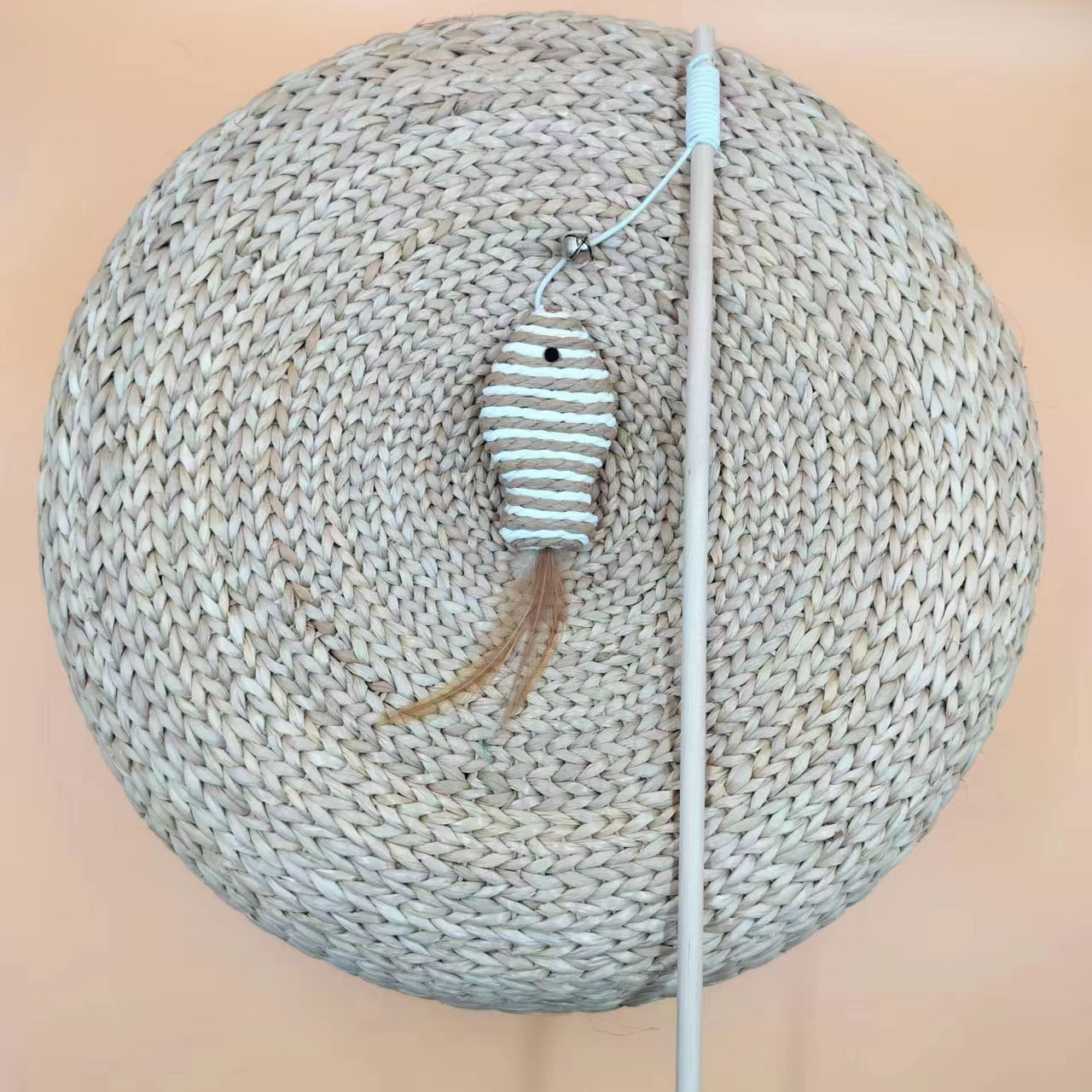 Wooden pole, paper rope, small fish