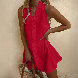 Vestido Casual de Algodón y Lino para Mujer, Color Sólido, con Falda con Volantes Bordados - Product Image 5