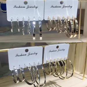 Needle Hoop Earrings Round Circle Stud Earrings Set Exaggerated 925 Silver for Women 3 Pairs Popular Brands 30MM 40MM 50MM Iron