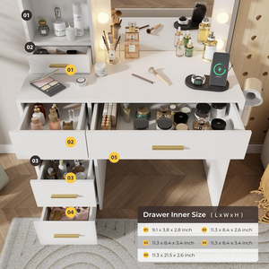 Coiffeuse moderne en bois avec miroir éclairé par LED, étagères de rangement, grands tiroirs, tabouret de rangement, prise de courant, <span class=keywords><strong>chambre</strong></span> à coucher - Product Image 3