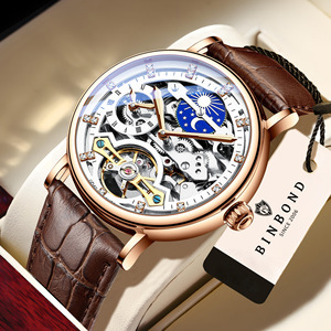 Binbond Men's Skeleton Mechanical Watch 44mm Automatic Tourbillon Dual Time Zone Leather Strap Round Dial - Product Image 1