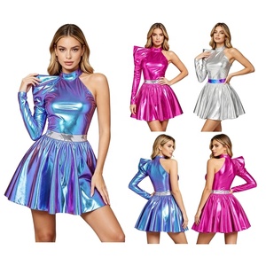 Vestido Metálico de Un Solo Hombro para Mujer, Iridiscente, Plisado, con Cuello Simulado, Manga Abullonada, Disfraz de Baile para Fiesta Disco, Personalizado - Product Image 1