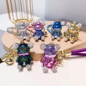 Trendy Cute Electroplated Bear Keychain Fashion 3D Bear Doll Keyring with Leather Rope Pendant For Girl Gift