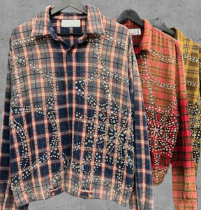 เสื้อเชิ้ตผู้ชายกระดุมลายดอกไม้ย้อนยุคที่กำหนดเอง, ผ้าฝ้าย100%, ฟอกสีกรด, ผ้าสักหลาดที่ทำให้ยุ่งเหยิง, ปกเลื่อม, สไตล์สตรีทแฟชั่น - Product Image 5