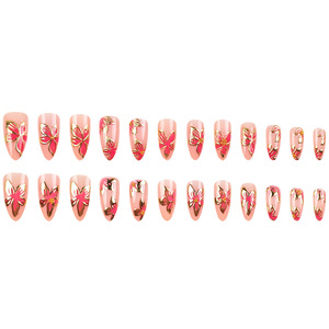 Puntas de Uñas Almendradas con Flores Doradas 3D, Estilo Delicado, Reutilizables, 24 Piezas - Product Image 2