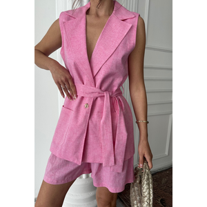 ชุดผ้าลินิน 100% ไซส์ XS ชุด 2 ชิ้น เสื้อทรงหลวมและกางเกงขาสั้นเหนือเข่า สีชมพู สำหรับฤดูใบไม้ร่วงและฤดูหนาว - Product Image 3