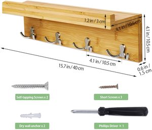 <span class=keywords><strong>Étagère</strong></span> murale en bois, <span class=keywords><strong>porte</strong></span>-<span class=keywords><strong>manteau</strong></span> suspendu, <span class=keywords><strong>étagère</strong></span> murale en bambou, <span class=keywords><strong>étagère</strong></span> d'entrée <span class=keywords><strong>avec</strong></span> 4 doubles crochets en alliage pour l'entrée couloir chauve-souris - Product Image 1