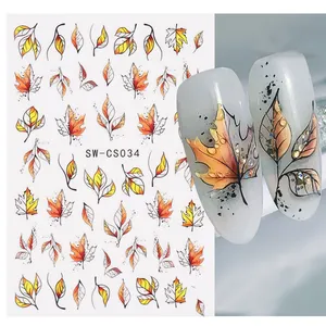 Maple Leaf Fall Nail Design Zwart Geel Bladeren Herfst Nail Art Stickers Voor Manicure 3D Polish Winter Sliders Folies