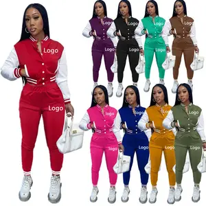 Custom logo varsiti jacket women long sleeve plain cropped varsiti jacket women baseball jogging tracksuit 2 piece pants set