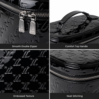 Pochette cosmétique noire brillante avec logo personnalisé, motif gaufré, double fermeture éclair, étui à maquillage portable, organiseur de beauté de voyage
