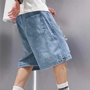 Shorts en jean baggy taille mi-haute personnalisés pour hommes, style Y2K, cargo, déchirés, taille élastique, en denim, confortables, décontractés, streetwear, été - Product Image 2