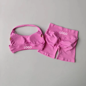 Completi da Allenamento ad Alto Impatto <span class=keywords><strong>per</strong></span> Donna 2 Pezzi Reggiseni Sportivi Allacciati al Collo con Incrocio Frontale e Pantaloncini Aderenti da Esercizio <span class=keywords><strong>Palestra</strong></span> Yoga Fitness all'Ingrosso - Product Image 3