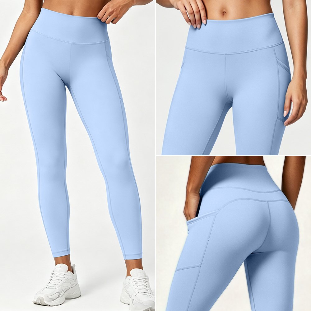 High Waist Butt Lifting Yoga Leggings Tummy Control Long Length Workout Pants with Side Pockets Stretchy Athletic Tights