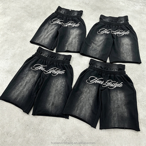 Shorts de survêtement <span class=keywords><strong>homme</strong></span> Hip Hop personnalisés en coton French Terry, coupe ample, ourlet brut, double ceinture, délavé soleil et effet acide - Product Image 1