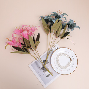 Bouquet de fleurs artificielles haut de gamme en soie, style européen rétro, orchidée tigre à cinq têtes et lys, pour décoration intérieure et photographie - Product Image 3