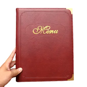 Pasta de menu em couro vermelho vinho A4 PVC para hotel, capa de menu dupla vista, livro para restaurante, suporte em couro sintético