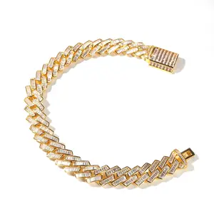 punk men gold 20mm copper designer ice out square cz baguette diamond lock cuba link chain hand bracelet