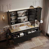 Meuble-lavabo vintage de style mid-century en bois massif avec vasque en marbre et miroir LED intelligent