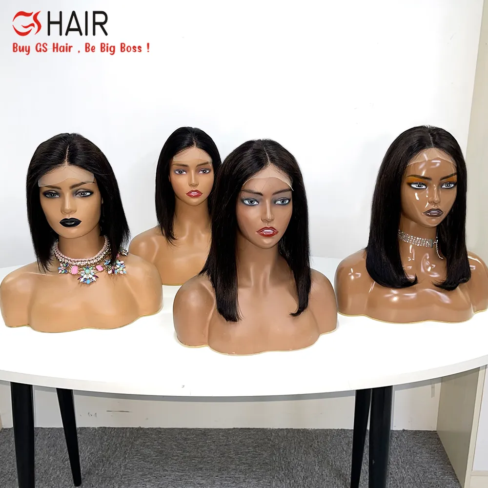 GS Wholesale Peruvian And Brazilian Hair Bob Wigs, Human Hair Bob Wig With Bangs 13x4 4X4 Frontal Lace Wigs For Black Women