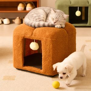 Banc de rangement carré pour chat, couleur crème, petit, pour salon ou entrée, idéal comme banc à chaussures - Product Image 2