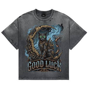 Camisetas Casuales Extra Grandes para Hombre, Color Negro, Lavado Ácido, Estilo Desgastado, Estampado de Gato Steampunk, Camisetas de Manga Corta de Algodón Transpirable de Alta Calidad - Product Image 1