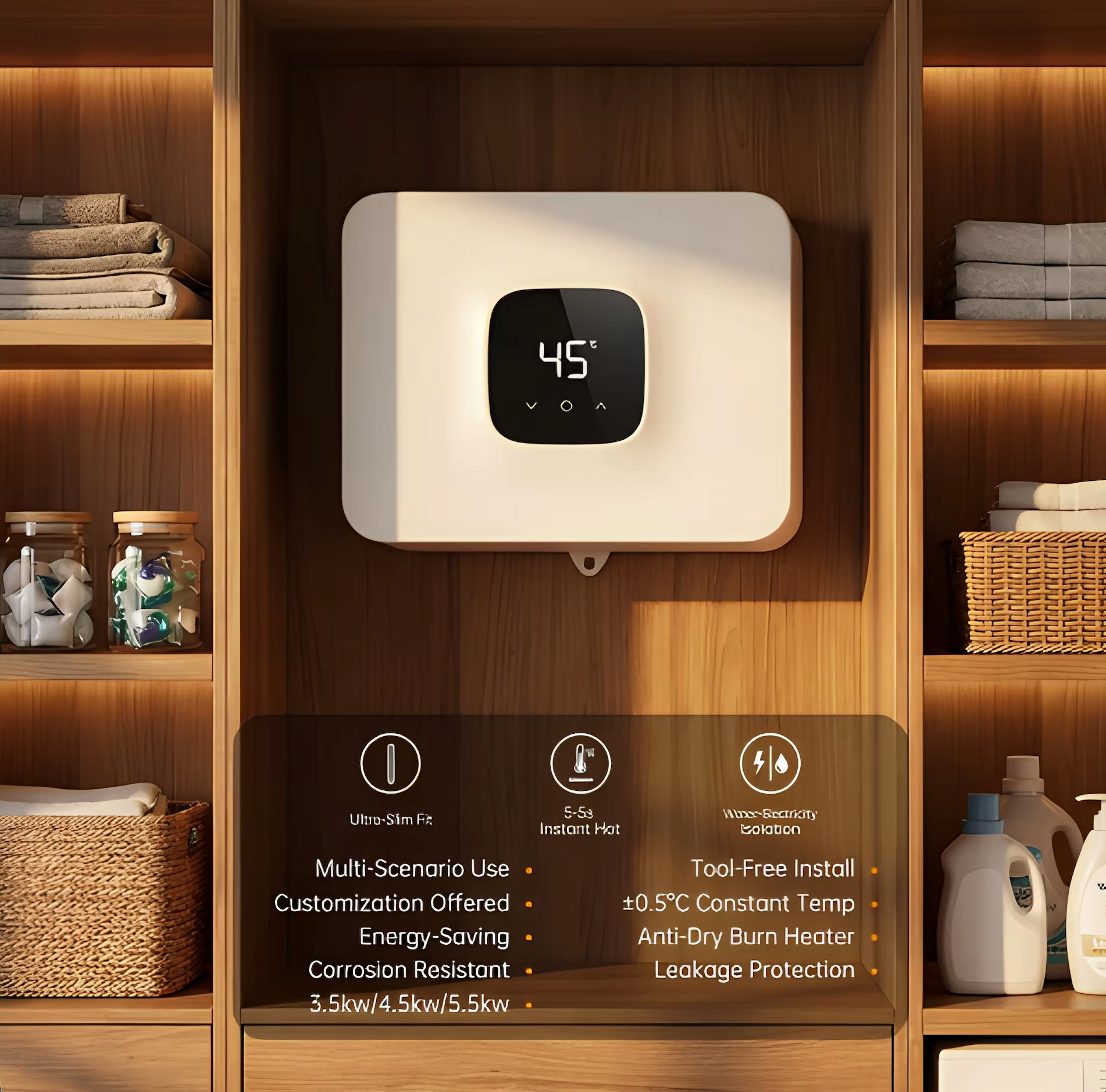 5.5KW ABS Shell Touch Screen Smart Thermostat Auto Power Adjustment Instant Electric Water Heater for Home Balcony