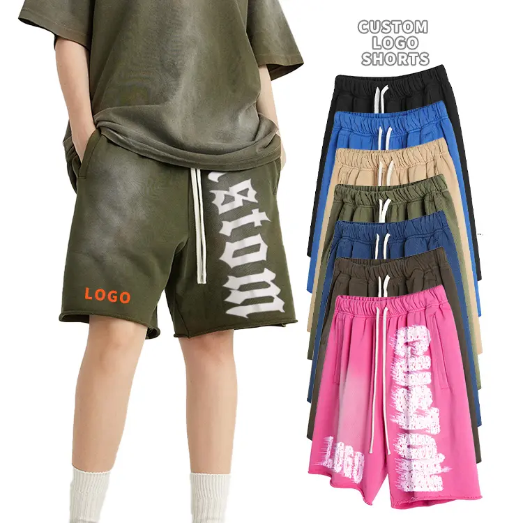 Custom Summer Streetwear Stone Acid Wash Sweat Shorts Distressed Vintage Cotton French Terry Raw Edge Men Women Unisex Knitted