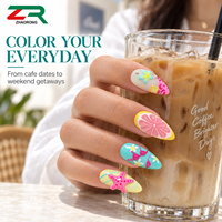 Kuku Palsu Summer Almond Press On Nail 3D Motif Bunga Bintang Laut Hati Buah Nail Art Mengkilap Pink Biru Kuning untuk Wanita Liburan Pantai