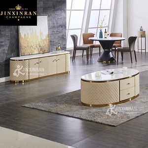 Living Room Furniture Stainless Steel Frame <strong>Marble</strong> Top Beige Centre <strong>Table</strong> Luxury Modern <strong>White</strong> Leather Cover Oval Coffee <strong>Table</strong> - Product Image 5