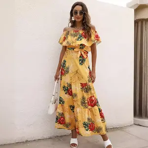 Wholesale custom 2024 summer European and American women's foreign trade printed one-line collar ruffled dress