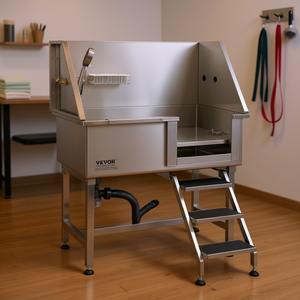 Station de toilettage pour chien Vevor en acier inoxydable, baignoire de 38 pouces avec rampe, tiroir de rangement et robinet, pour usage intérieur. - Product Image 2