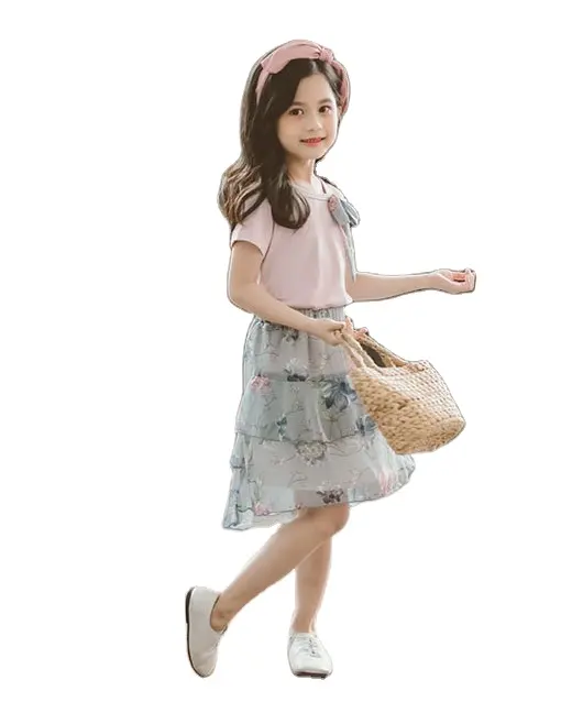नए उत्पादों को चीन कारखाने कोरियाई लड़की टीशर्ट पोशाक 2 टुकड़ा सेट कपड़े फूल प्रिंट बच्चों के साथ बड़ा धनुष