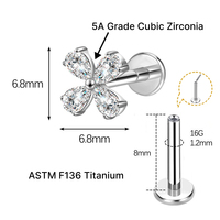 JiaXin ASTM F136 G23 Titanio Push Pin Sin Rosca para Labret, Labio, Hélix, Concha, Cartílago, con Incrustación de Corazón de Circonita Cúbica, Joyería para Piercing 16G